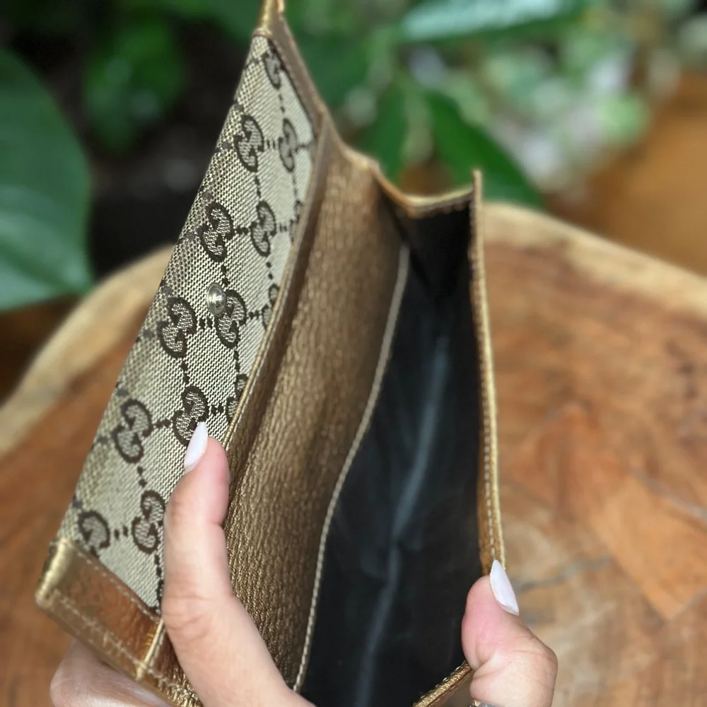 Gucci GG Canvas Metallic Gold Continental Wallet w/ Box and Unbranded Chain - Picture 8 of 12